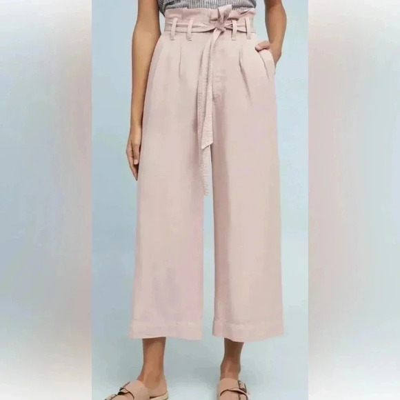 Anthropologie Blythe Wide Leg Pants Paper Bag Tie Waist Light Pink Bow 2 - Picture 1 of 15